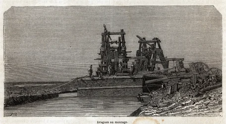 Bagger auf dem Suezkanal, Zeichnung von Grenet, zur Illustration eines Ausflugs zum Suezkanal im Jahr 1862 von Paul Merruau. Gravur in „Le tour du monde“, herausgegeben von Edouard Charton