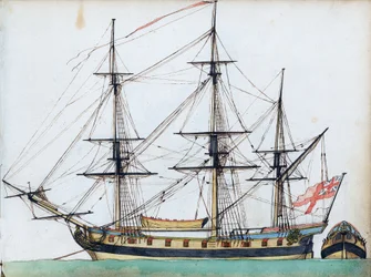 Britisches Schiff mit 20 Kanonen, zeigt Takelage und ein Schiffsboot, und eine separate Ansicht des Hecks, ca. 1780