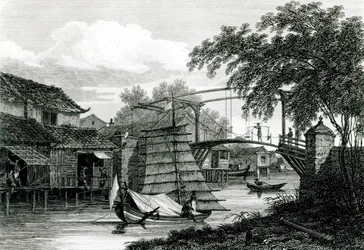 Zugbrücke in Malakka, graviert von George Cooke