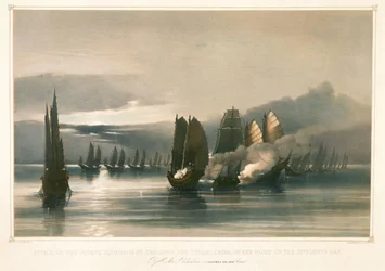 Angriff auf das Piratengeschwader von Chuiapoo, vor Tysami, China, 28. September 1849, Mitte des 19. Jahrhunderts (Lithographie)
