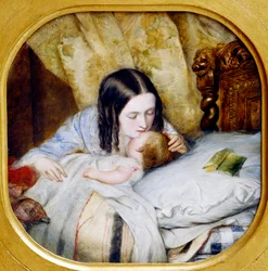 Der Nachtkuss. Eine Mutter küsst ihr Baby, das gerade eingeschlafen ist