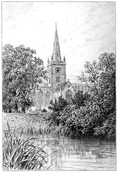 Stratford-Kirche vom Fluss aus gesehen, Stratford-upon-Avon, Warwickshire, 1885