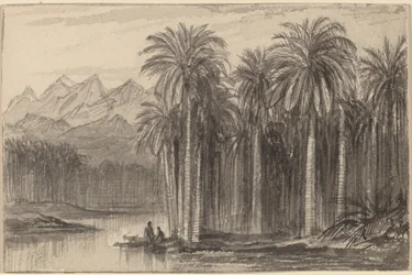 Figuren, die von einem Palmengarten Wady Feiran in Kanus aufbrechen, 1884-1885