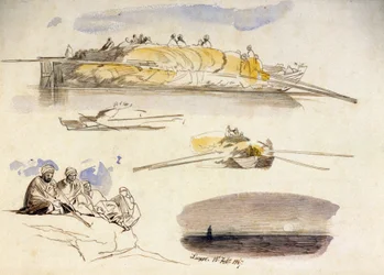 Fünf Skizzen von Luxor (Ägypten), drei Ansichten eines Hausbootes, das mit Stroh beladen ist, eine Skizze von fünf sitzenden Ägyptern und eine Landschaft in der Dämmerung