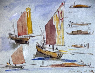 Studien venezianischer Boote unter vollen Segeln und am Liegeplatz. Zeichnung von Edward Lear (1812-1888).