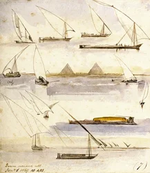 Studie verschiedener ägyptischer Boote (Dahabeeyahs und Gyassis), mit einer Szene vor den Pyramiden von Gizeh (Kairo) in der Mitte der Seite