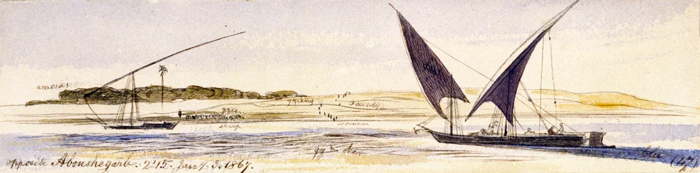 Die Ausdehnung des Nils und seiner Ufer mit zwei traditionellen ägyptischen Booten, darunter eine Dahabeeya. Farbige Aquarellzeichnung