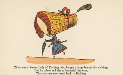 Es war eine junge Dame aus Dorking, die einen großen Hut zum Spazierengehen kaufte, aus 