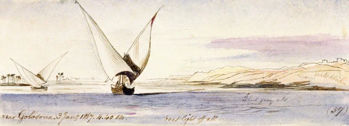 Blick auf den Nil in der Nähe von Golosona (Ägypten), mit einem traditionellen ägyptischen Segelboot