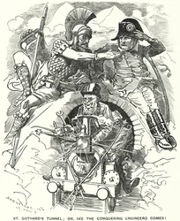Fertigstellung des St. Gotthard Eisenbahntunnels unter den Alpen (Karikatur)
