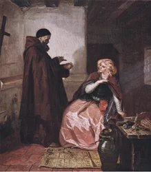Julia und Pater Lorenzo (Romeo und Julia) Nimm das Fläschchen, wenn du dann im Bett liegst, und trinke diesen destillierten Likör, aus The Complete Works of William Shakespeare, veröffentlicht von J Coker & Co Ltd