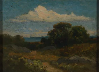 Landschaft (Bäume und Felsen am See)