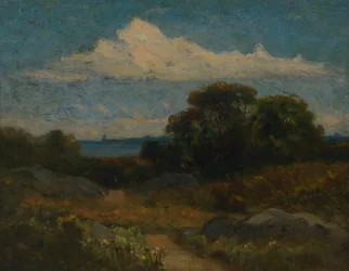 Landschaft mit Bäumen und Felsen am See