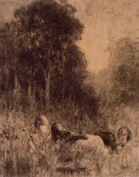Landschaft mit Kühen im Vordergrund