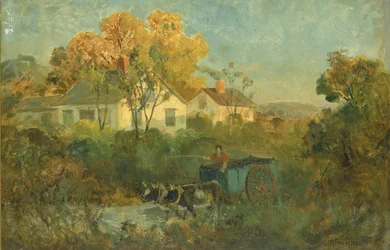 Der Trinkteich, Mann im Wagen mit Ochsen am Teich, 1895