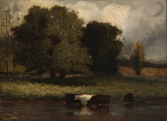 Ohne Titel (Vier Kühe waten im Teich)