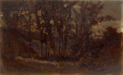 Ohne Titel (Waldszene, umgestürzter Baum im Vordergrund und Haus im Hintergrund)