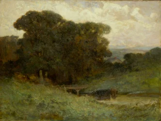 Ohne Titel (Waldszene mit Brücke, Kühe im Bach im Vordergrund)