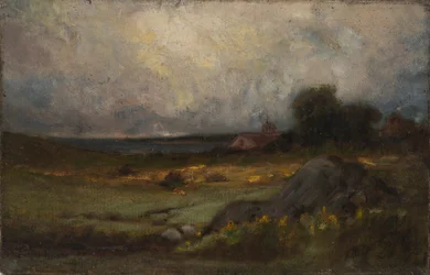 Ohne Titel (Landschaft mit Felsen im Vordergrund und Dach mit Turm, See im Hintergrund)