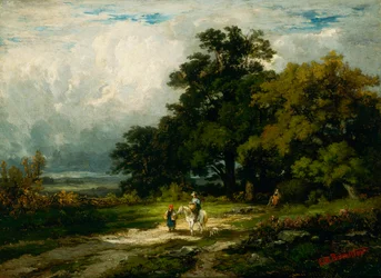 Ohne Titel (Mann auf Pferd mit Frau und Hund)