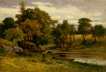 Unbenannte Landschaft, nahe einem Bach vertäutes Boot, im Vordergrund ein gehender Mann, 1879.