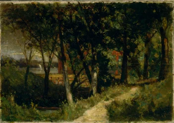 Unbetitelte Landschaft, Waldszene mit rotem Zaun und Gebäude, 1893