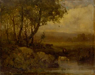 Unbetitelte Landschaft, Flussufer, drei Kühe