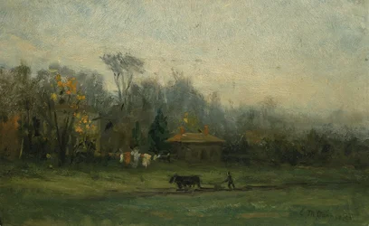 Unbetitelte Landschaft mit Mann, der Felder pflügt, n.d.