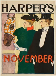 Dame und Herr vor einem Pferdestall, Novemberausgabe von Harper