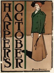 Frau in grün-braunem Kostüm, Oktober-Ausgabe von Harper