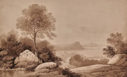 Landschaft mit See und Hütte