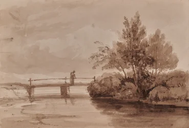 Flusslandschaft mit Holzbrücke und Figur