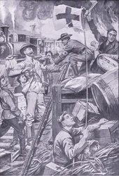 Falsche Sanitäter zerstören Vorräte bei Komati Foort unter dem Schutz der Rotkreuzflagge, Illustration aus After Pretoria: The Guerilla War, 1902