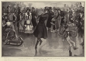 Eine Figur schneiden, eine Weihnachtsszene auf dem Eis vor hundert Jahren