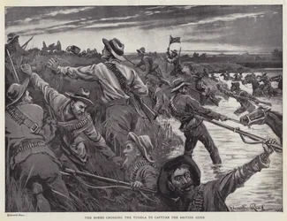 Die Buren überqueren den Tugela, um die britischen Kanonen zu erobern (Lithografie)