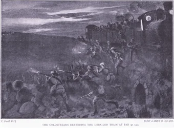 Die Coldstreams verteidigen einen entgleisten Zug, Illustration aus After Pretoria: The Guerilla War, 1902