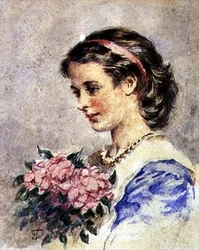 Junges Mädchen mit einem Strauß rosa Blumen