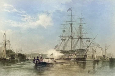 Flaggschiff der britischen Marine salutiert im Hafen von Gosford, England. 19. Jahrhundert (Gravur)