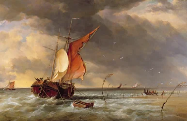 Eine niederländische Galliot auf einer Sandbank im Bies Bosch, Holland, 1878