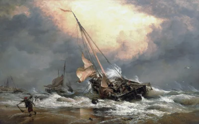Fischer, die ihre Boote an der Küste der Nordsee, in der Nähe von Scheveningen (Holland), an Land ziehen. Öl auf Leinwand
