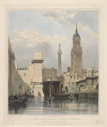 Stufen der New London Bridge, St. Magnus, das Monument und ein Teil der Old Bridge