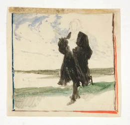 Mann im Mantel in Landschaft - nicht identifizierte Illustration