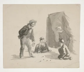 Vier Jungen spielen Murmeln (recto); Unidentifizierte Illustration eines Jungen am Staffelei im Innenraum (verso)