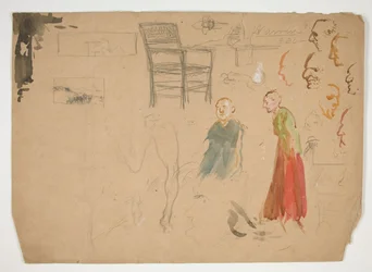 Kopf- und Figurenstudien, und Studie eines Stuhls (recto); Skizzen für Buchillustrationen (verso)