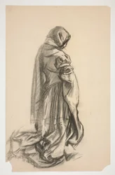 Skizze einer knienden weiblichen Figur im rosa Kleid für Galahad der Befreier, eines der Heiligen Gral-Wandgemälde in der Boston Public Library