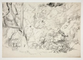 Skizze einer Landschaft mit Baum, Zaun und weiblicher Figur