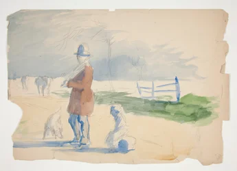 Skizze eines Mannes, Kindes und Hundes - nicht identifizierte Illustration