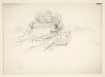 Skizze eines Piers mit Fischerboot und Hafenspeicher