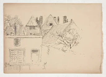 Skizze eines Äußeren: Gebäude und Baum