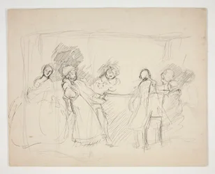 Skizze von Figuren um einen Tisch - unidentifizierte Illustration für ein Theaterstück?